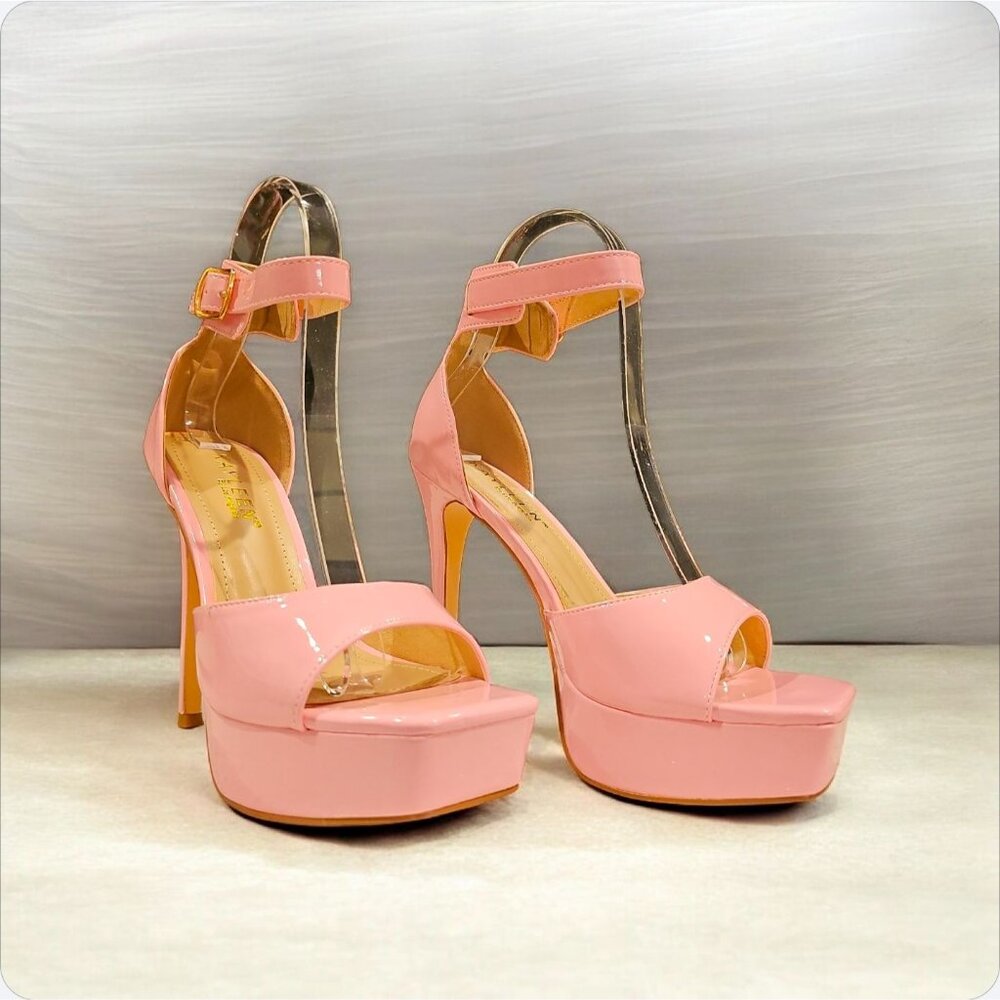 Pink Patent Platform Stiletto Heels With Ankle Strap Open Toe Square Sole Design